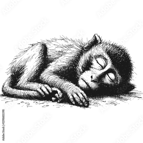 Monkey sleeping line art drawing ink sketch vector hand drawn illustration background dreaming in the meadow sleeping
