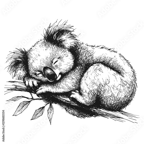 Koala sleeping line art drawing ink sketch vector hand drawn illustration background tranquil twilight sleeping under the stars