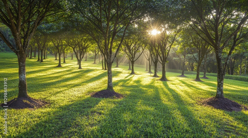 Fototapeta premium Sunlight Filtering Through Trees in Lush Green Landscape