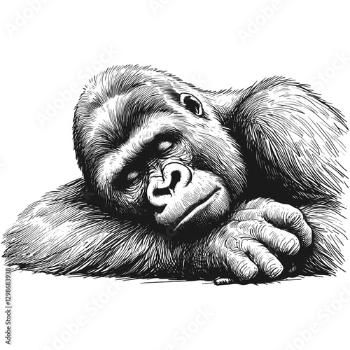 Gorilla sleeping line art drawing ink sketch vector hand drawn illustration background calm and cozy taking a midday nap