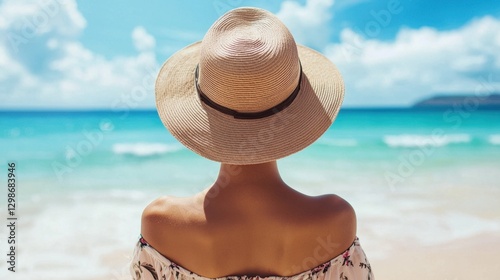 Wallpaper Mural Woman with a sun hat and sunglasses, walking on the beach with a flowy summer dress, the shimmering ocean stretching out behind her. Torontodigital.ca