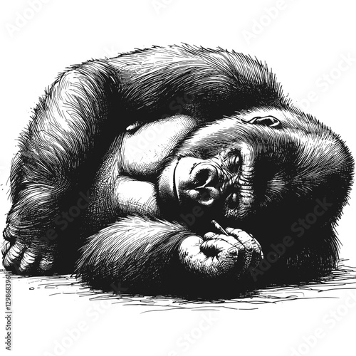 Gorilla sleeping line art drawing ink sketch vector hand drawn illustration background tranquil twilight sleeping under the stars