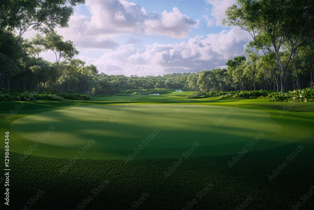A lush, tranquil golf course enveloped by vibrant greenery and soft clouds, offering a picturesque escape for golfers and nature lovers alike. A lush, tranquil golf course enveloped by vibrant greenery and soft clouds, offering a picturesque escape for golfers and nature lovers alike.