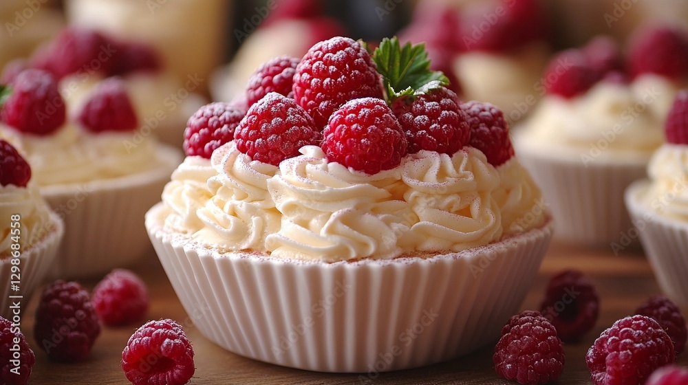 Delectable raspberry cupcakes topped with whipped cream and light dusting of powdered sugar for a tasty snack on a wooden table. Delectable raspberry cupcakes topped with whipped cream and light dusting of powdered sugar for a tasty snack on a wooden table.