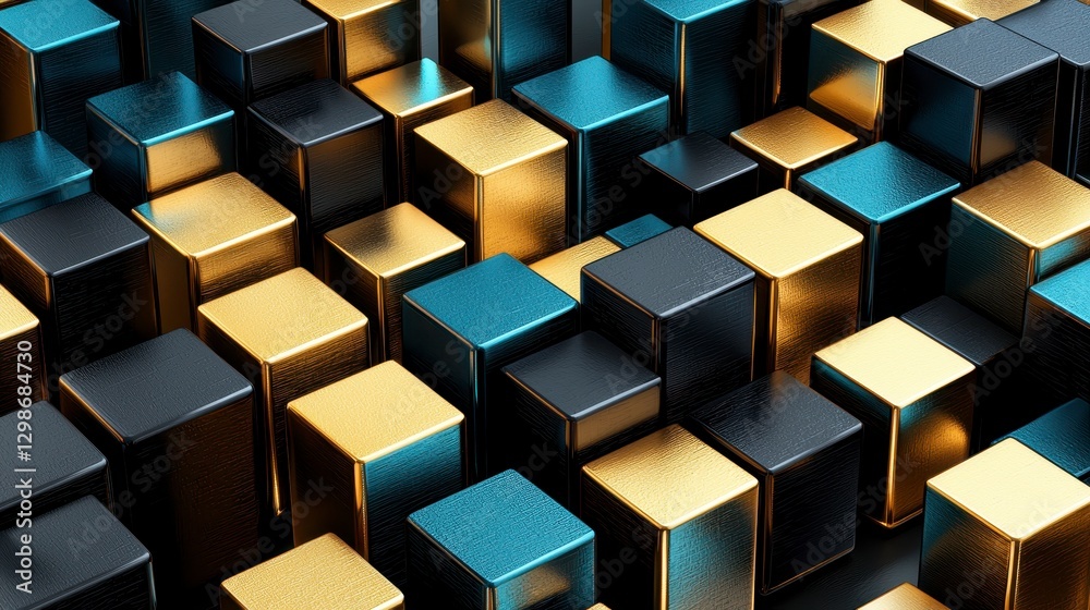 Abstract geometric shapes, gold and teal cubes, modern design, 3D render, background Abstract geometric shapes, gold and teal cubes, modern design, 3D render, background