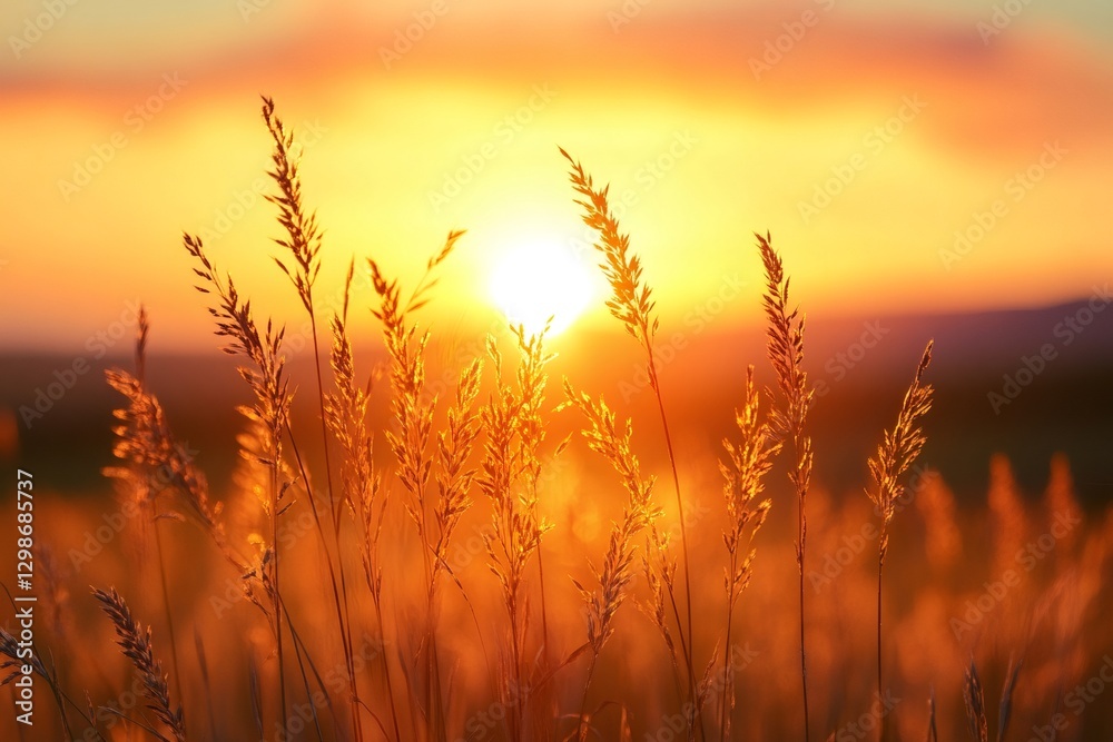 Golden sunset illuminating grass stalks in a field Golden sunset illuminating grass stalks in a field