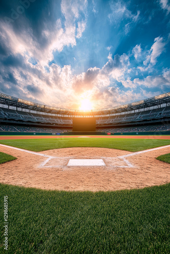 A stunning view of a baseball field at sunset, with vibrant clouds and empty stands, capturing the serene beauty of America’s pastime.
