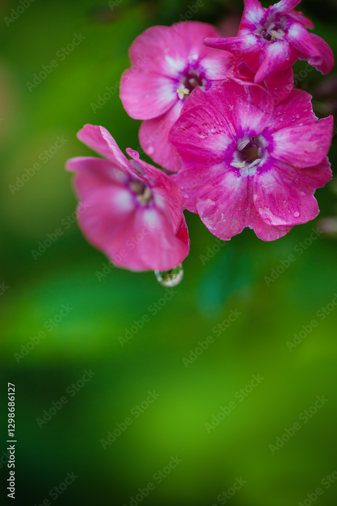 Vibrant purple petals of an Phlox paniculata flower with drop of watre in a lush garden with copy space Vibrant purple petals of an Phlox paniculata flower with drop of watre in a lush garden with copy space