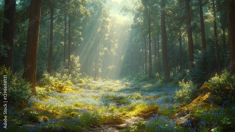 Obraz premium Sunbeams shining through tall trees illuminate bluebell groundcover in peaceful forest setting
