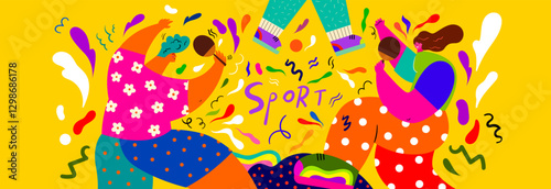 Colorful summer vector banner with people doing sports. People playing outdoors. Summer time concept design