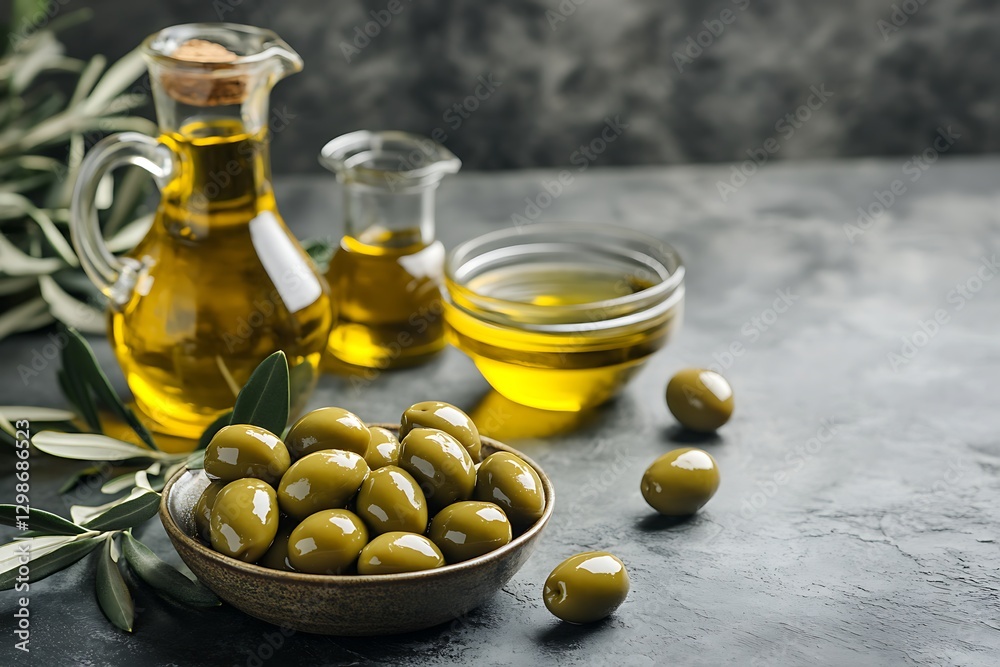 Bowl of Green Olives and Bottles of Olive Oil Bowl of Green Olives and Bottles of Olive Oil