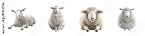 Four different sheep breeds resting calmly in a row with fluffy and soft wool on display