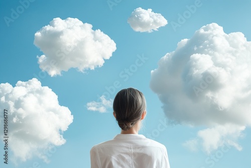 Looking up at fluffy clouds in a clear blue sky while embracing a moment of reflection and tranquility
