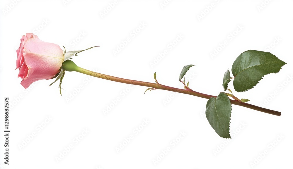 Fototapeta premium Single Pink Rose on White Background with Green Leaves Natural Beauty