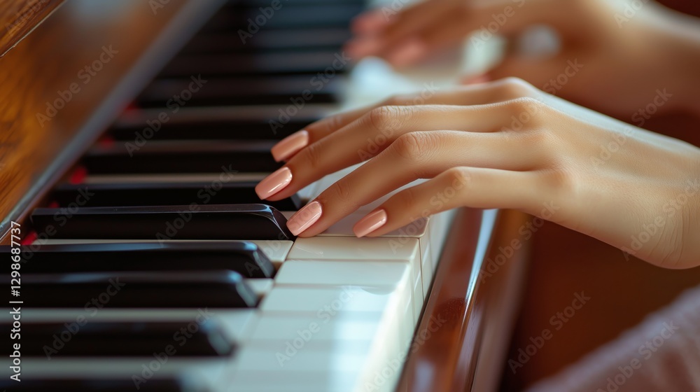 Obraz premium Close-up of pianists hands with a subtle pink manicure playing piano keys