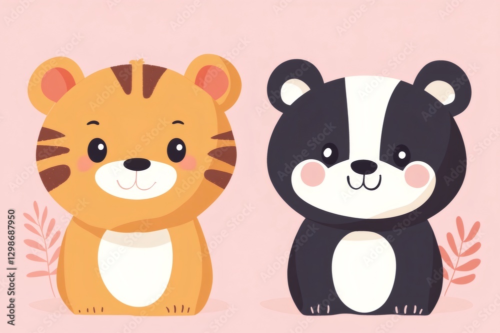 Cute tiger and skunk smiling on pink background Cute tiger and skunk smiling on pink background