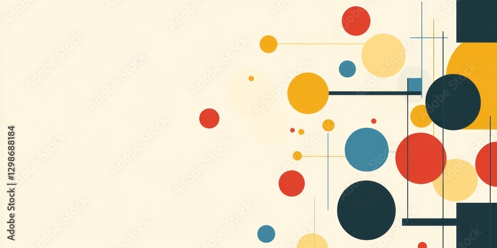 Geometric composition featuring colorful circles squares and connecting lines Geometric composition featuring colorful circles squares and connecting lines