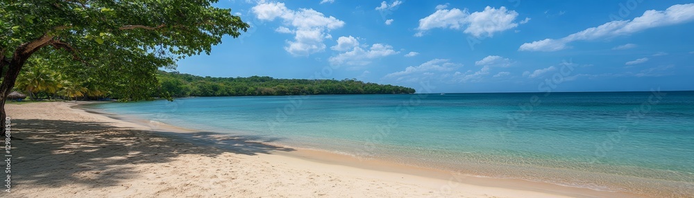 Serene beachscape lone tree on sandy shore under vibrant blue sky tranquil Serene beachscape lone tree on sandy shore under vibrant blue sky tranquil