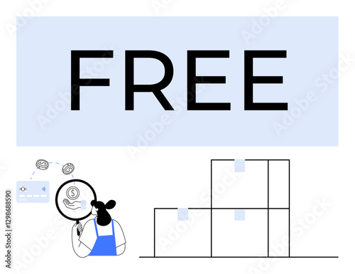 Large FREE text highlighted, cartoon character with magnifying glass examining payment, and stacks of boxes. Ideal for finance, ecommerce, cost-benefit analysis, promotions, shipping, delivery