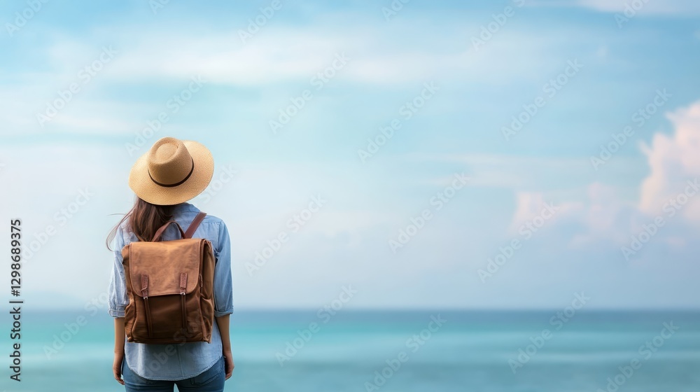Fototapeta premium Woman with backpack embraces breathtaking ocean view journey of exploration and discovery