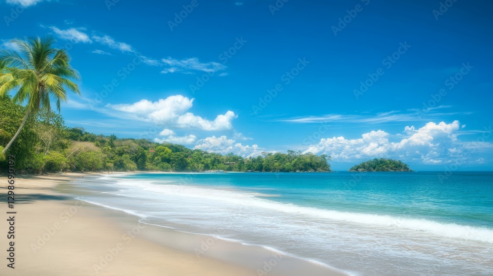 Idyllic tropical beach paradise palm tree white sand and azure sky Idyllic tropical beach paradise palm tree white sand and azure sky