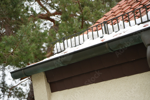 Wallpaper Mural House roof with wet snow at a metal grid, snow guard, pine trees in background Torontodigital.ca