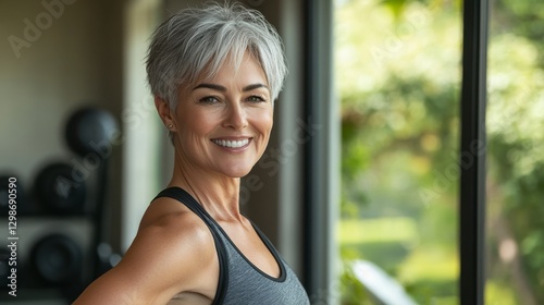 Confident Mature Woman Smiling in Fitness Center Workout Environment Free Download Confident Mature Woman Smiling in Fitness Center Workout Environment - GFXLoad