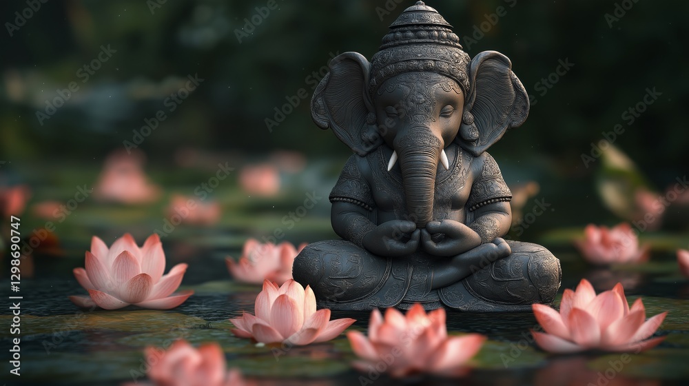 Fototapeta premium Serene setting with a sculpture of Ganesha surrounded by lotus flowers