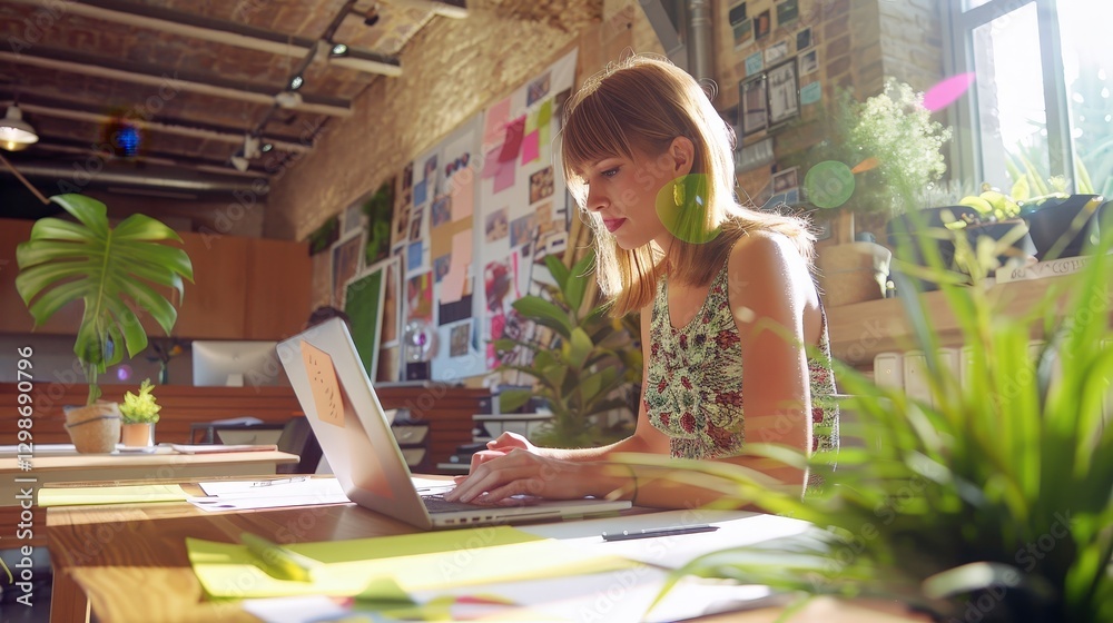 Productive Young Professional Working in a Modern Office Surrounded by Plants and Motivational Posters Productive Young Professional Working in a Modern Office Surrounded by Plants and Motivational Posters
