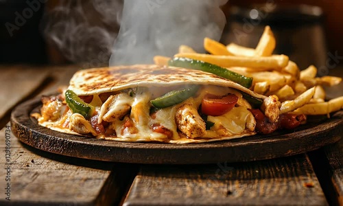 A delicious quesadilla with chicken, peppers, and fries, served on a wooden platter.