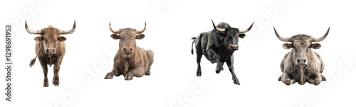 Four strong bulls with majestic horns resting and standing in profile view photo