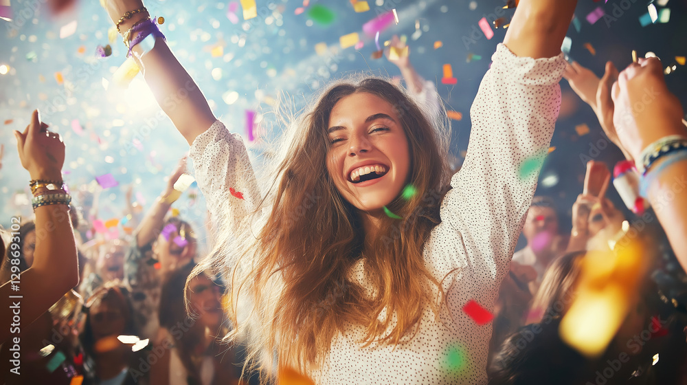 Obraz premium Enthusiastic young woman dancing at concert with falling confetti