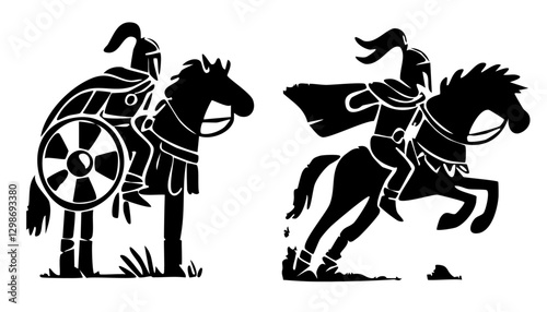 Vector silhouette warrior with helmet and horse. Black horseman soldier.