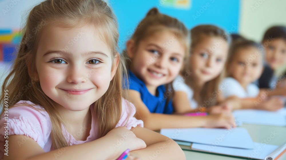 Portrait of smiling girl sitting at desk with classmates in elementary school classroom Portrait of smiling girl sitting at desk with classmates in elementary school classroom
