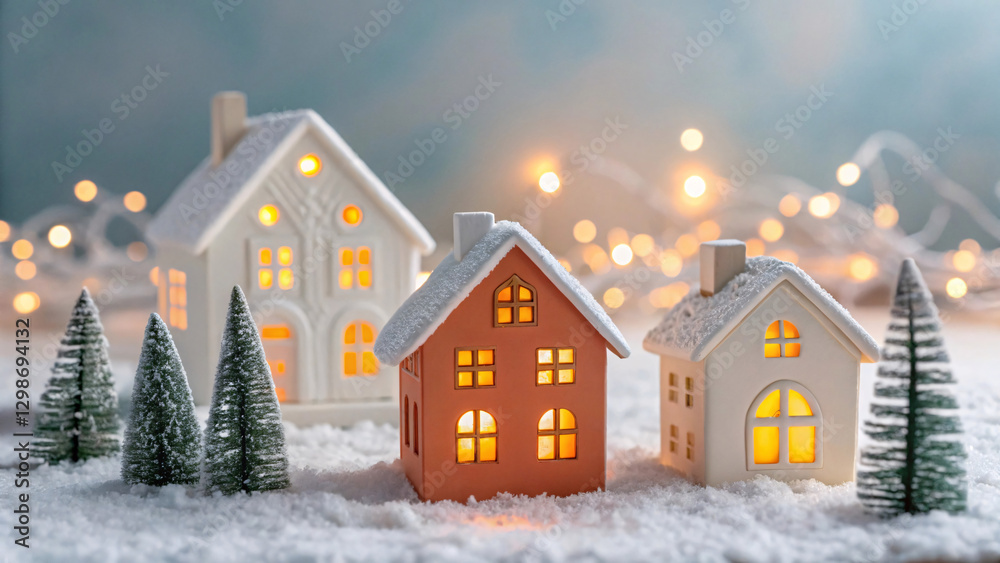 Fototapeta premium Miniature Winter Village with Snow and Warm Lights – Festive Holiday Scene