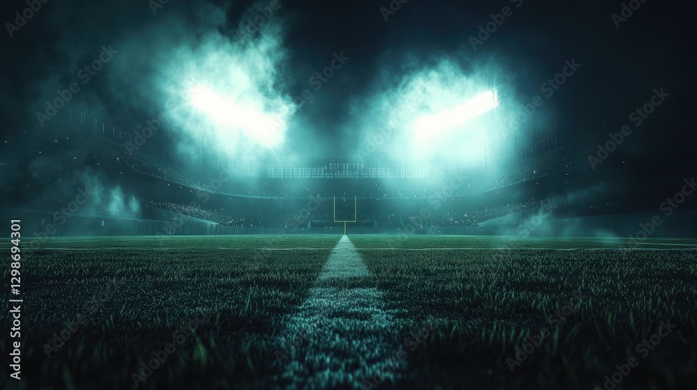 custom made wallpaper toronto digitalAmerican football arena with goal post in distance, grass field, fog, bright stadium lights, and blurred crowd.