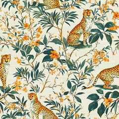 Wandcirkels Aquarel prints patronen cheetah and leopards palm leaves tropical watercolor in the jungle seamless pattern background  © BloomPix
