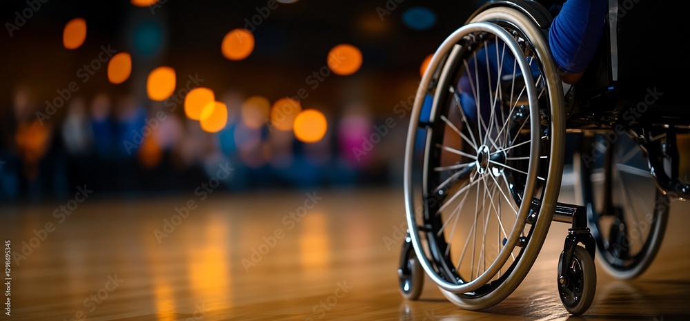 Wheelchair in hall, blurred audience, event Wheelchair in hall, blurred audience, event