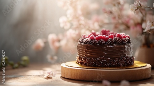Indulgent chocolate cake adorned with vibrant raspberries. A tempting dessert for celebrations, capturing warmth and delight in every bite.