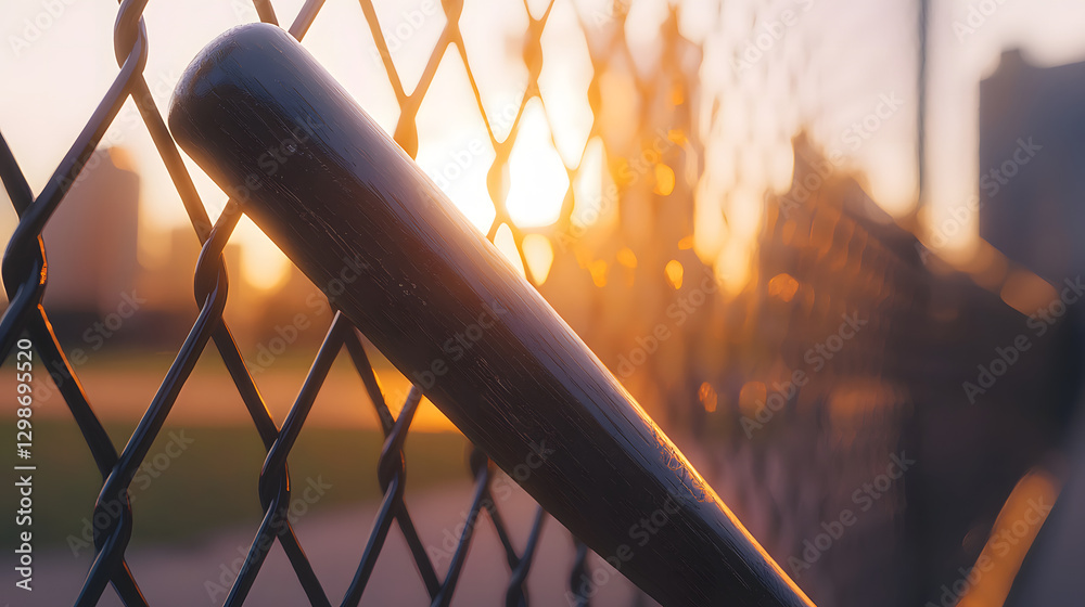 Baseball Bat Against Sunset: A baseball bat leans against a chain-link fence, with a vibrant sunset creating a dramatic backdrop, evoking the spirit of the game. Baseball Bat Against Sunset: A baseball bat leans against a chain-link fence, with a vibrant sunset creating a dramatic backdrop, evoking the spirit of the game.