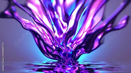 Purple Liquid Metal Splashing into a Reflective Surface with Futuristic Aesthetic.