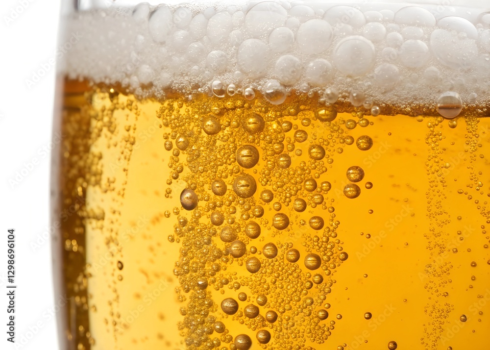 Close-up of golden beer with foam and bubbles, isolated on white cutout background Close-up of golden beer with foam and bubbles, isolated on white cutout background