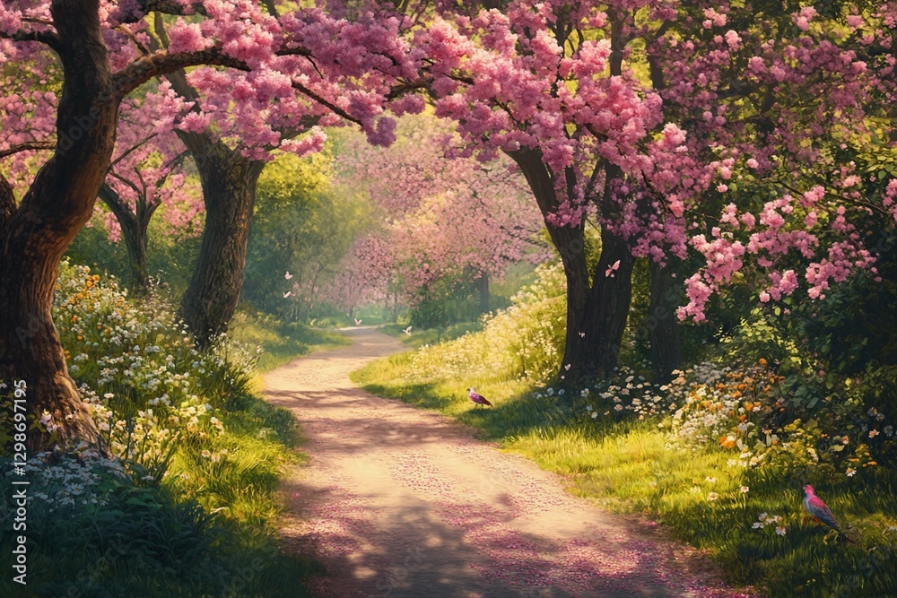 Fototapeta premium A scenic countryside path surrounded by blooming nature