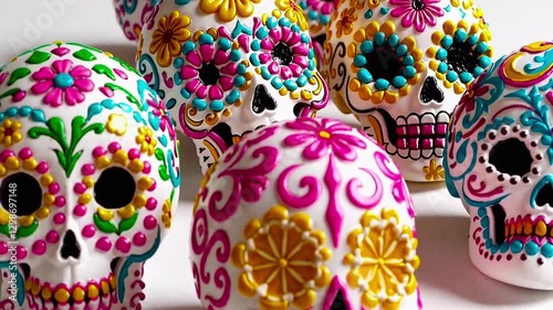 Artistic Close-Up of Colorful Mexican Sugar Skulls Decorated for Día de los Muertos.