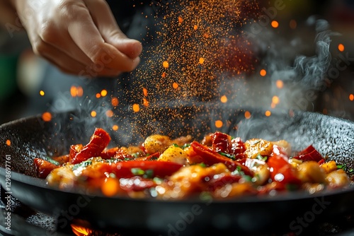 A cook seasons a frying pan of food with spices