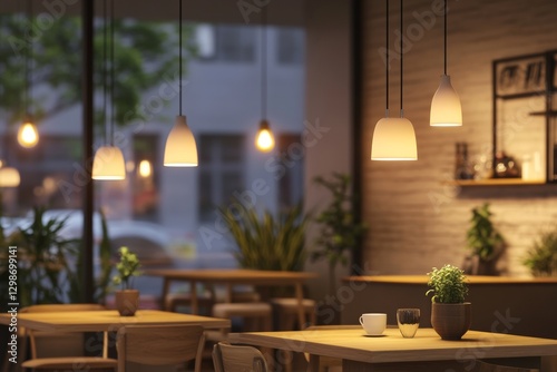 Warm lighting creates a cozy environment in this coffee shop, where wooden tables are arranged for guests to relax and enjoy their beverages amidst greenery