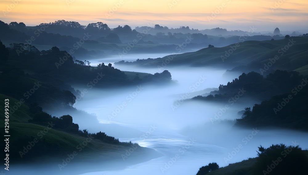 Fototapeta premium River winds through misty hills at dusk or dawn