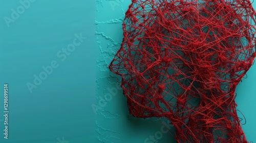 Mental Health Representation With Tangled Red Threads on a Silhouette Against a Blue Background