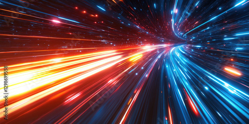 Digital speed acceleration effect with bright neon motion lines