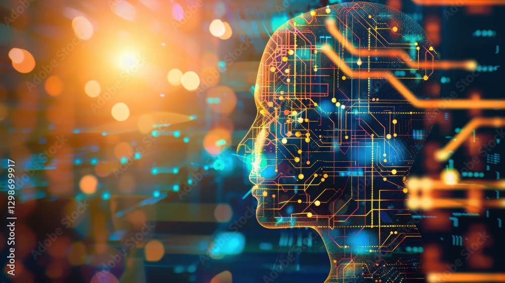 Exploration of Virtual Engineering With a Circuit Board Embedded Within a Head Silhouette and a Vibrant Technological Background Exploration of Virtual Engineering With a Circuit Board Embedded Within a Head Silhouette and a Vibrant Technological Background